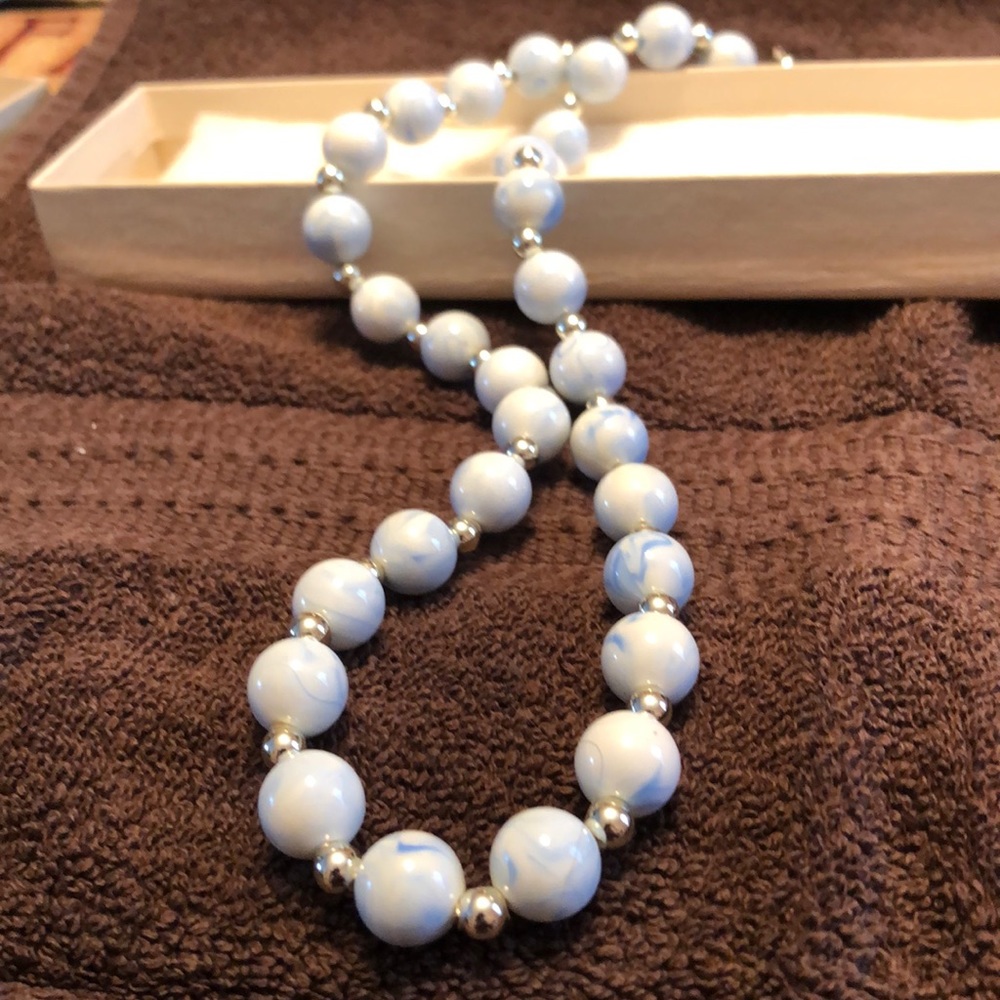 24” vintage blue/ white & silver beaded necklace